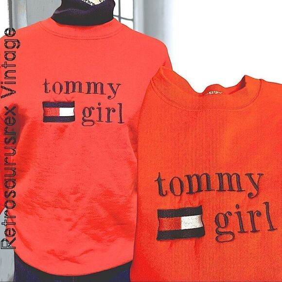 TOMMY Girl Vintage 1990’s Embroidered Logo Label Red Crewneck Sweatshirt Medium - Picture 1 of 6